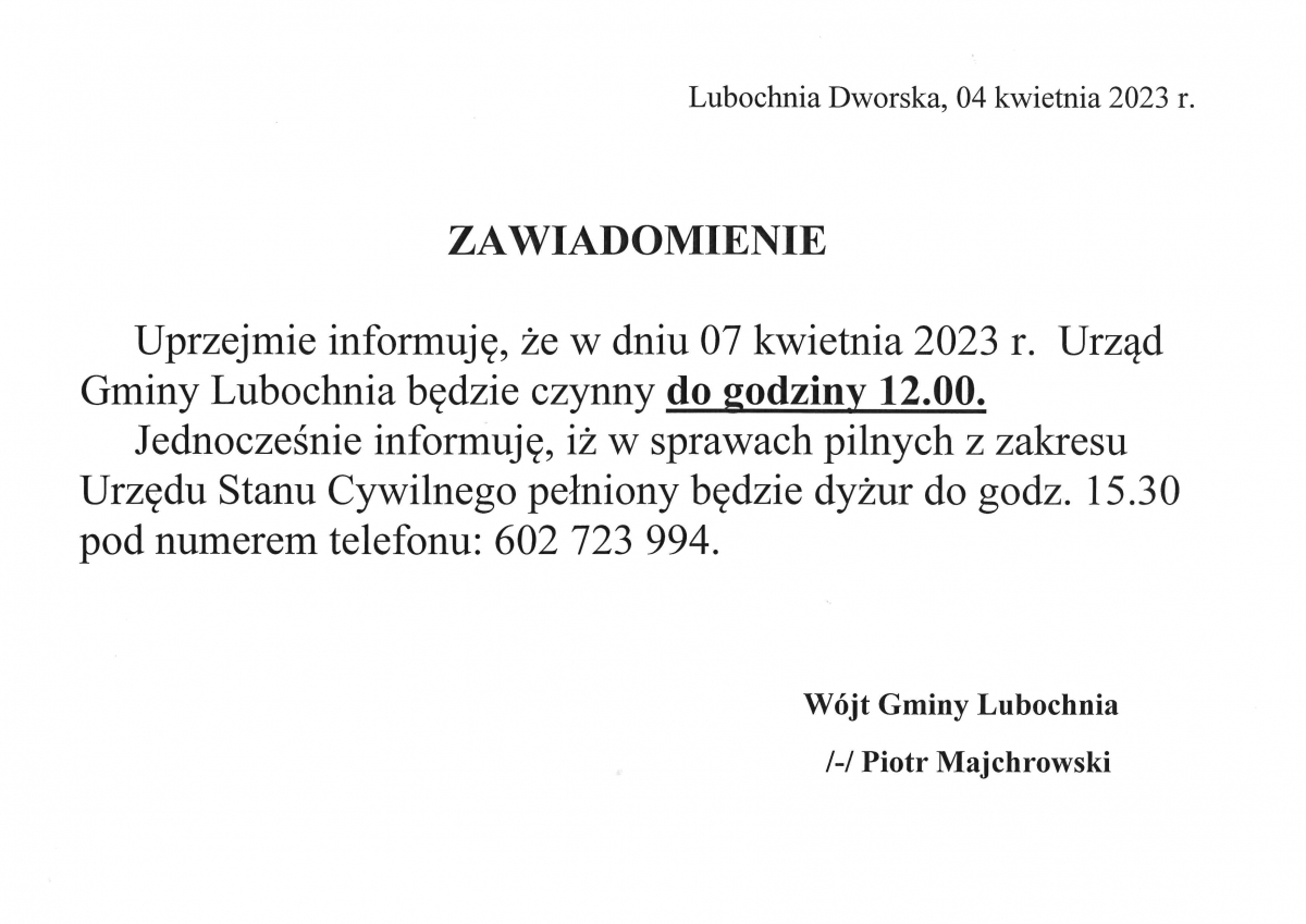 Zawiadomienie Wójta Gminy Lubochnia